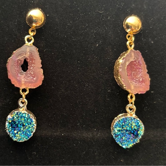 None Jewelry - Gold and Pink Geode Drop Earrings